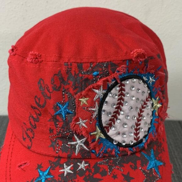 Baseball Cadet Hat Womens OS Red Distressed Embroidered Rhinestone Leader Loga - Picture 4 of 14